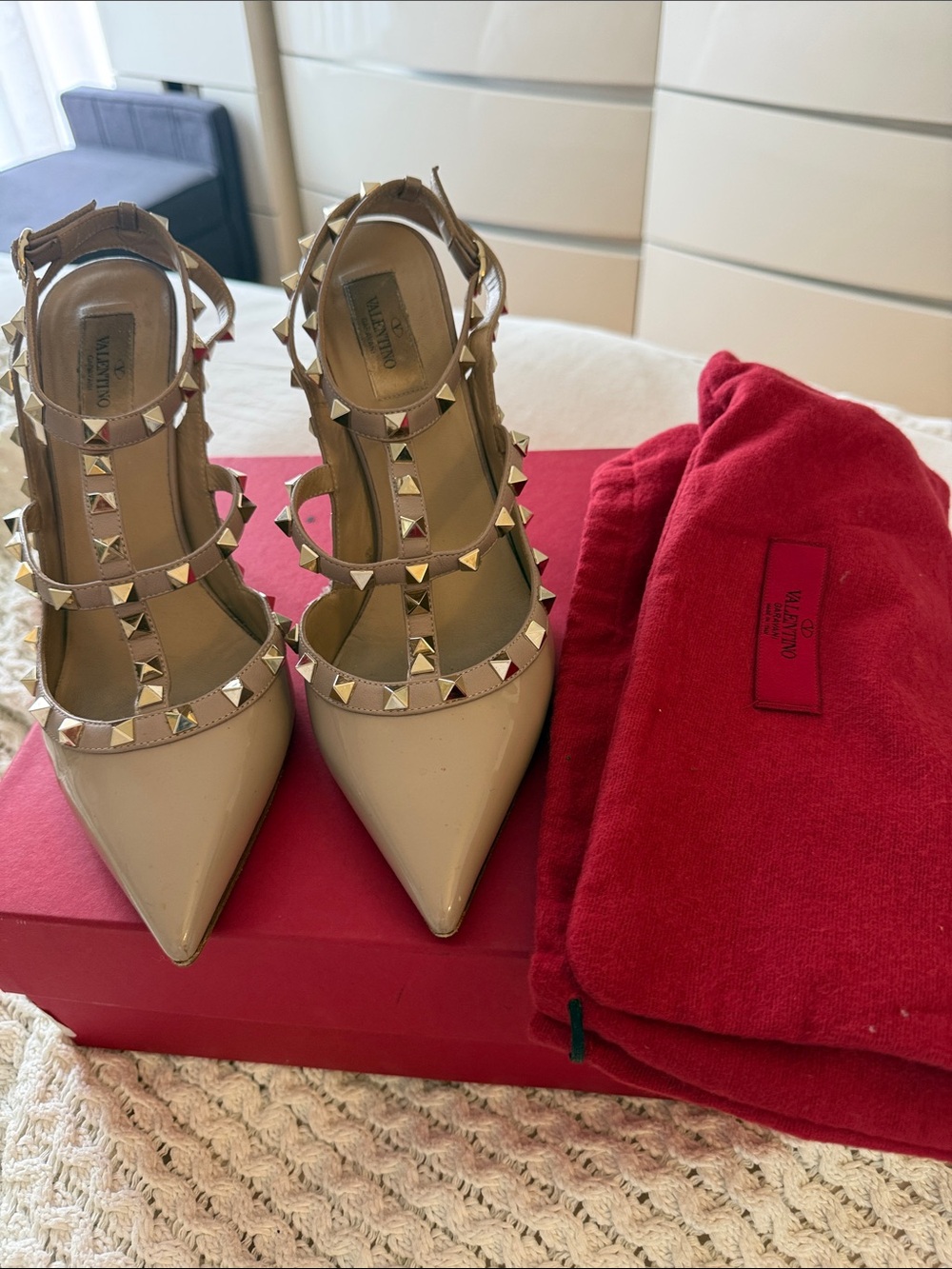 Valentino Beige Patent Leather Rockstud T-Strap Pumps